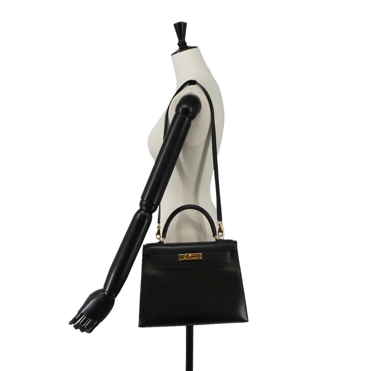 Kelly 28 Box Calf Black 2way Hand Shoulder Bag Purse