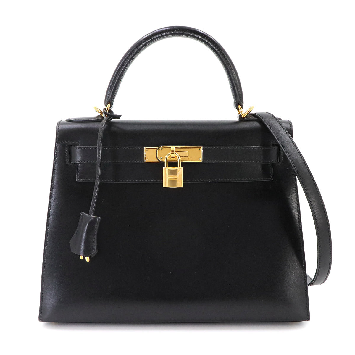 Kelly 28 Box Calf Black 2way Hand Shoulder Bag Purse