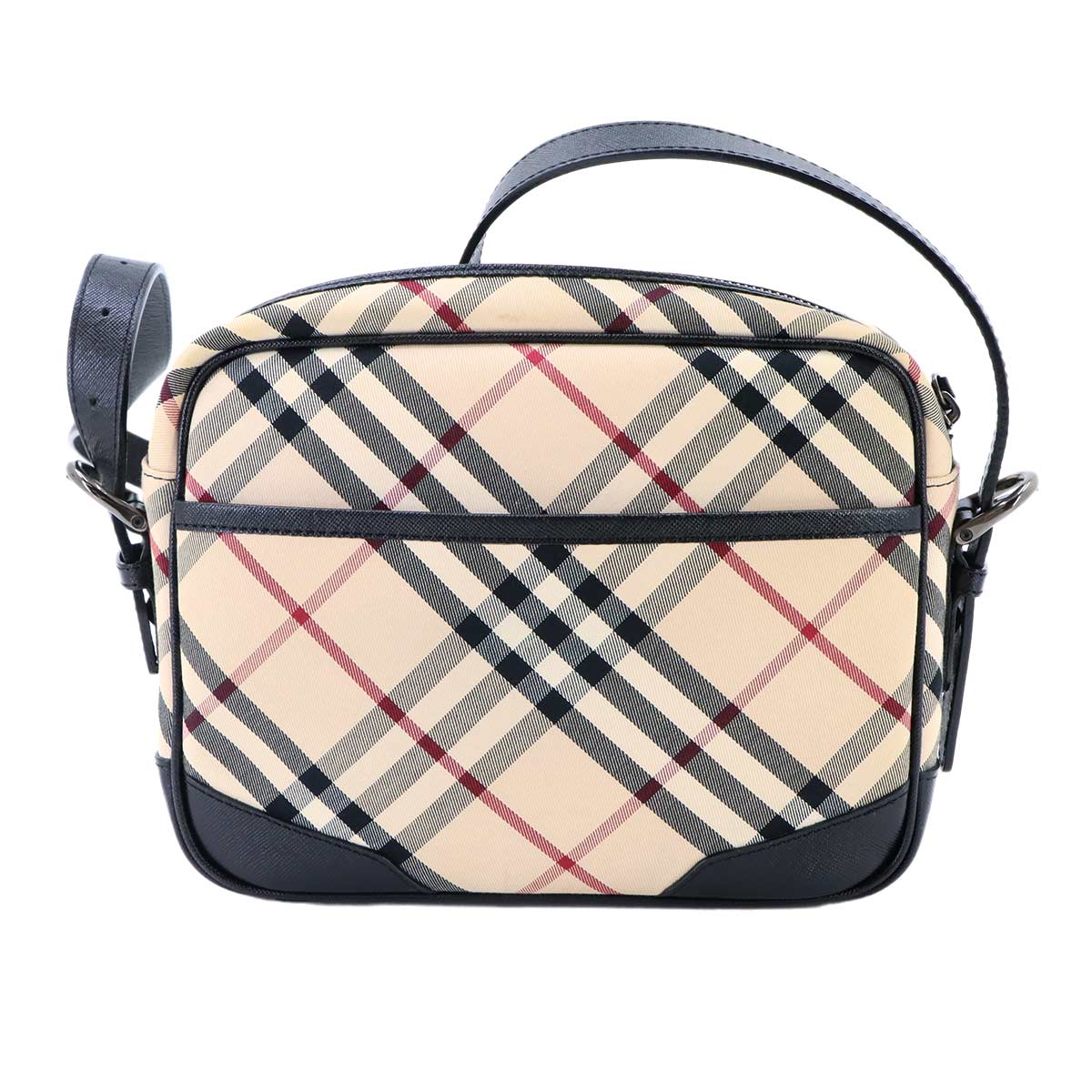 Plaid Shoulder Bag Canvas Leather Beige Black Purse
