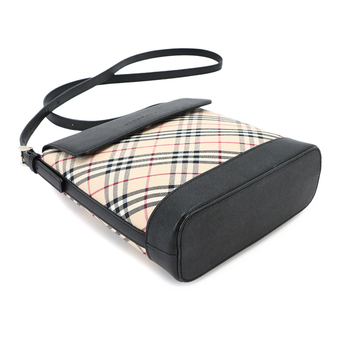 Plaid Shoulder Bag Canvas Leather Beige Black Purse