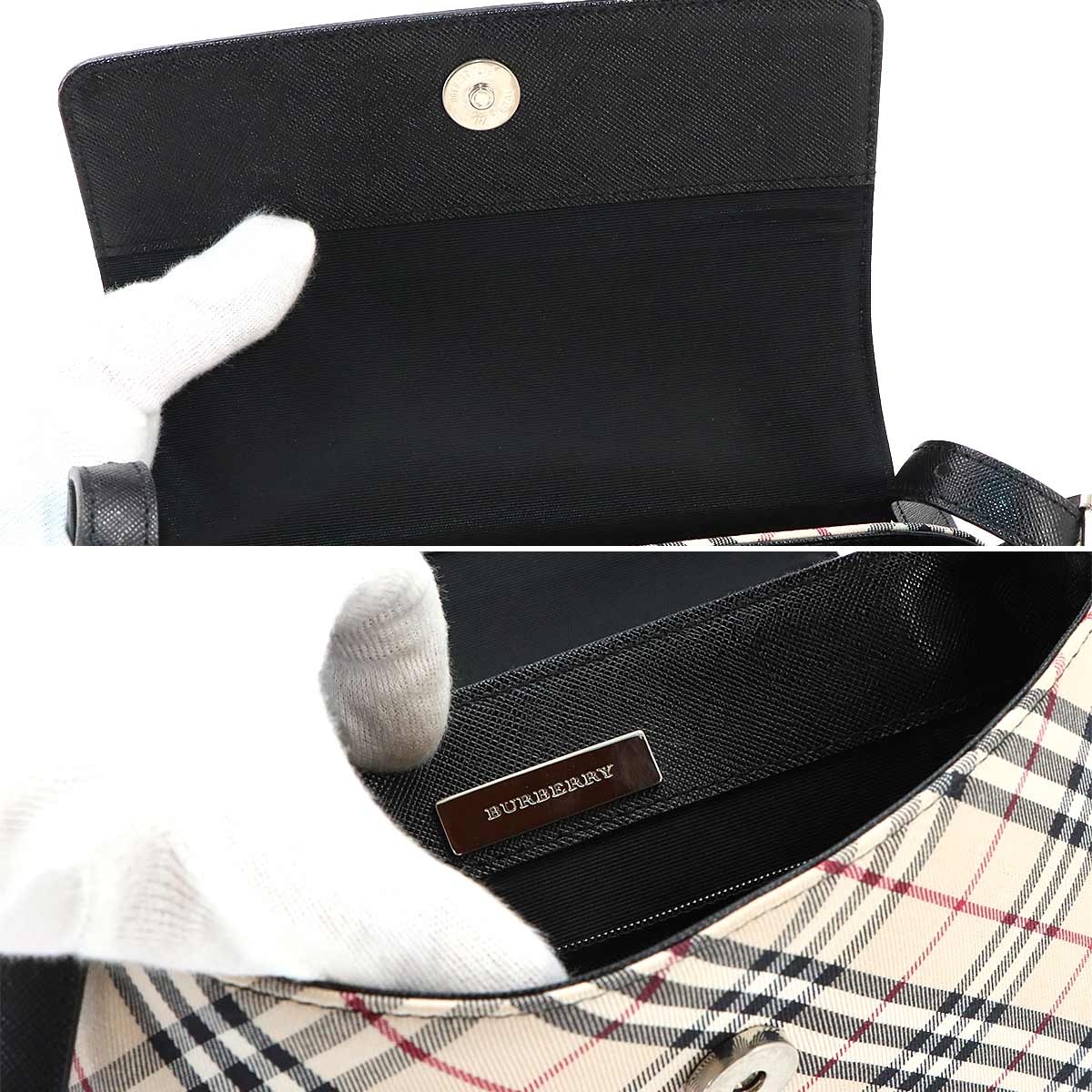 Plaid Shoulder Bag Canvas Leather Beige Black Purse