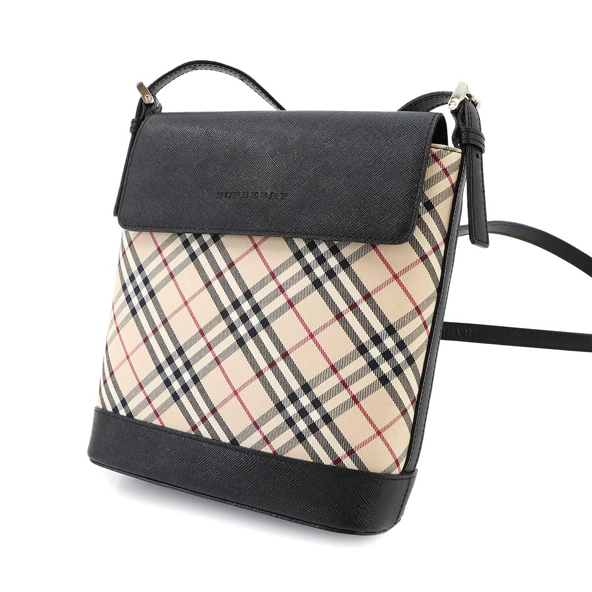 Plaid Shoulder Bag Canvas Leather Beige Black Purse