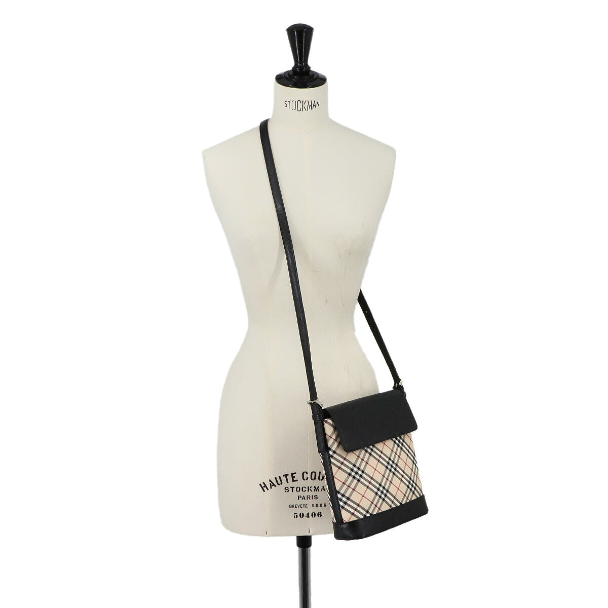 Plaid Shoulder Bag Canvas Leather Beige Black Purse