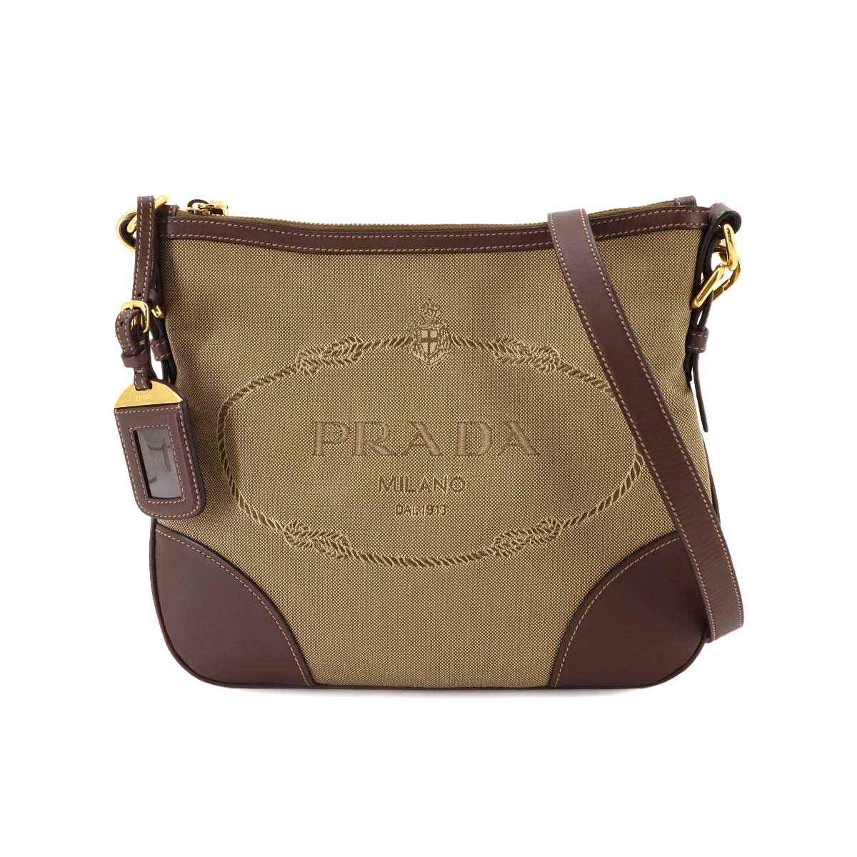 Logo Jacquard Shoulder Bag Canvas Leather Beige Brown Purse