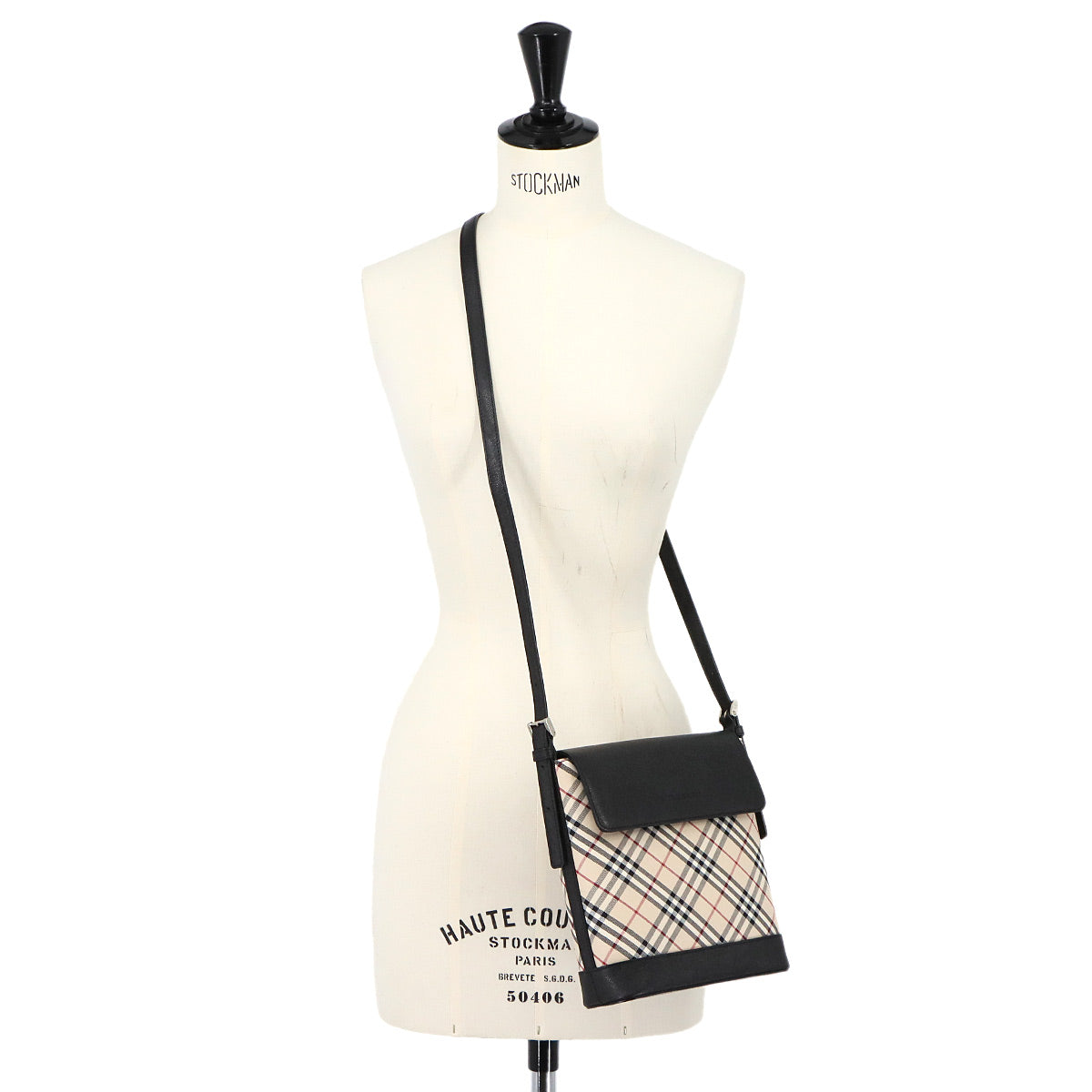 Plaid Shoulder Bag Canvas Leather Beige Black Purse