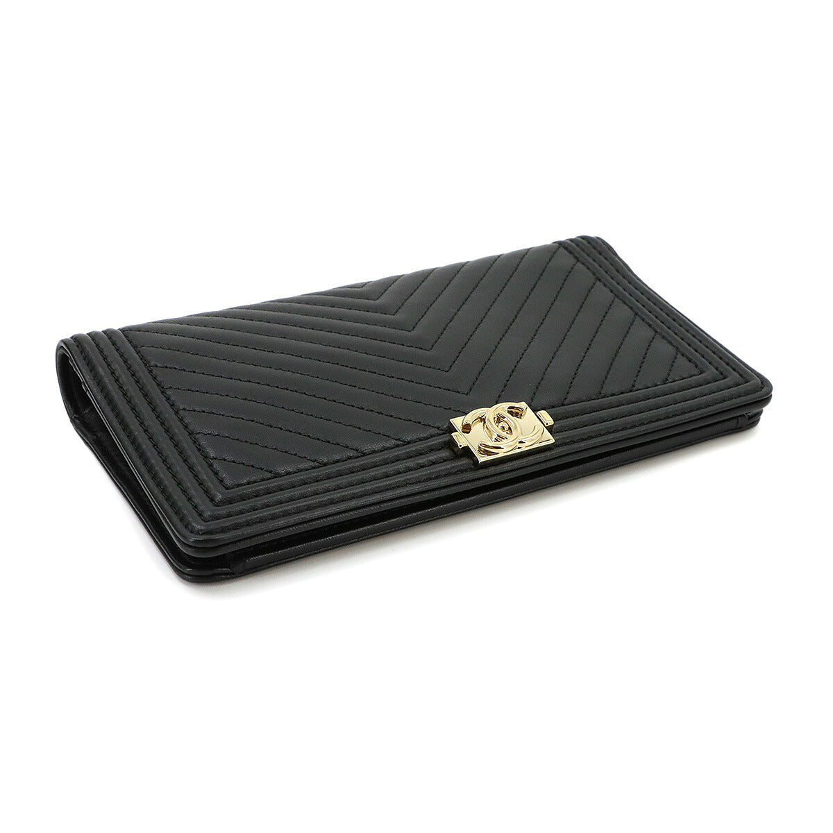 CHANEL Boy Chanel Long Wallet Leather Black A80285 Chevron V Stitch