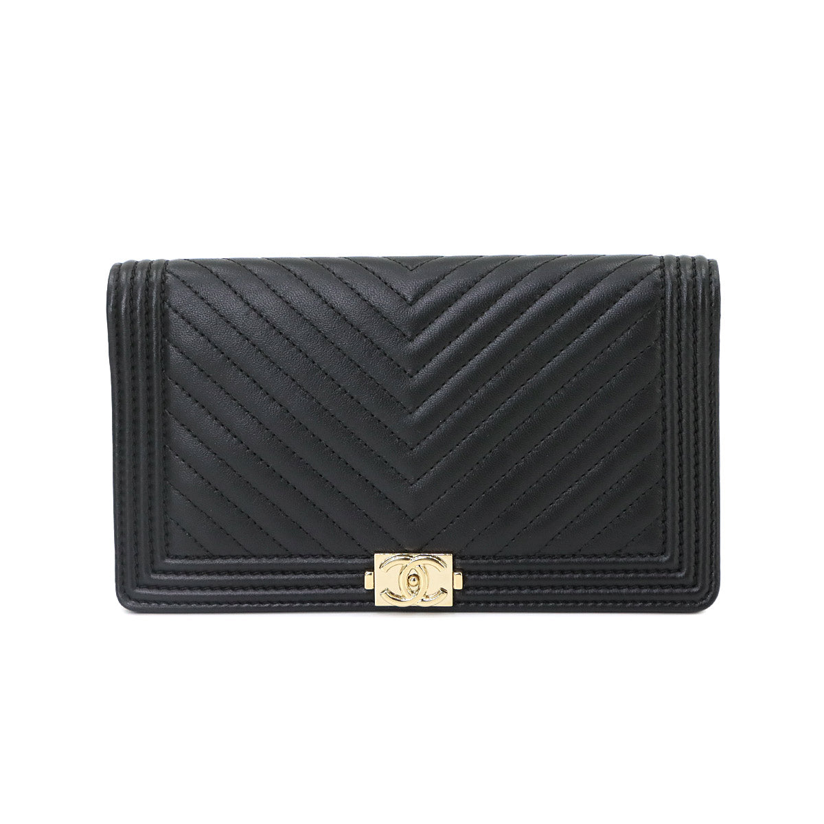 CHANEL Boy Chanel Long Wallet Leather Black A80285 Chevron V Stitch