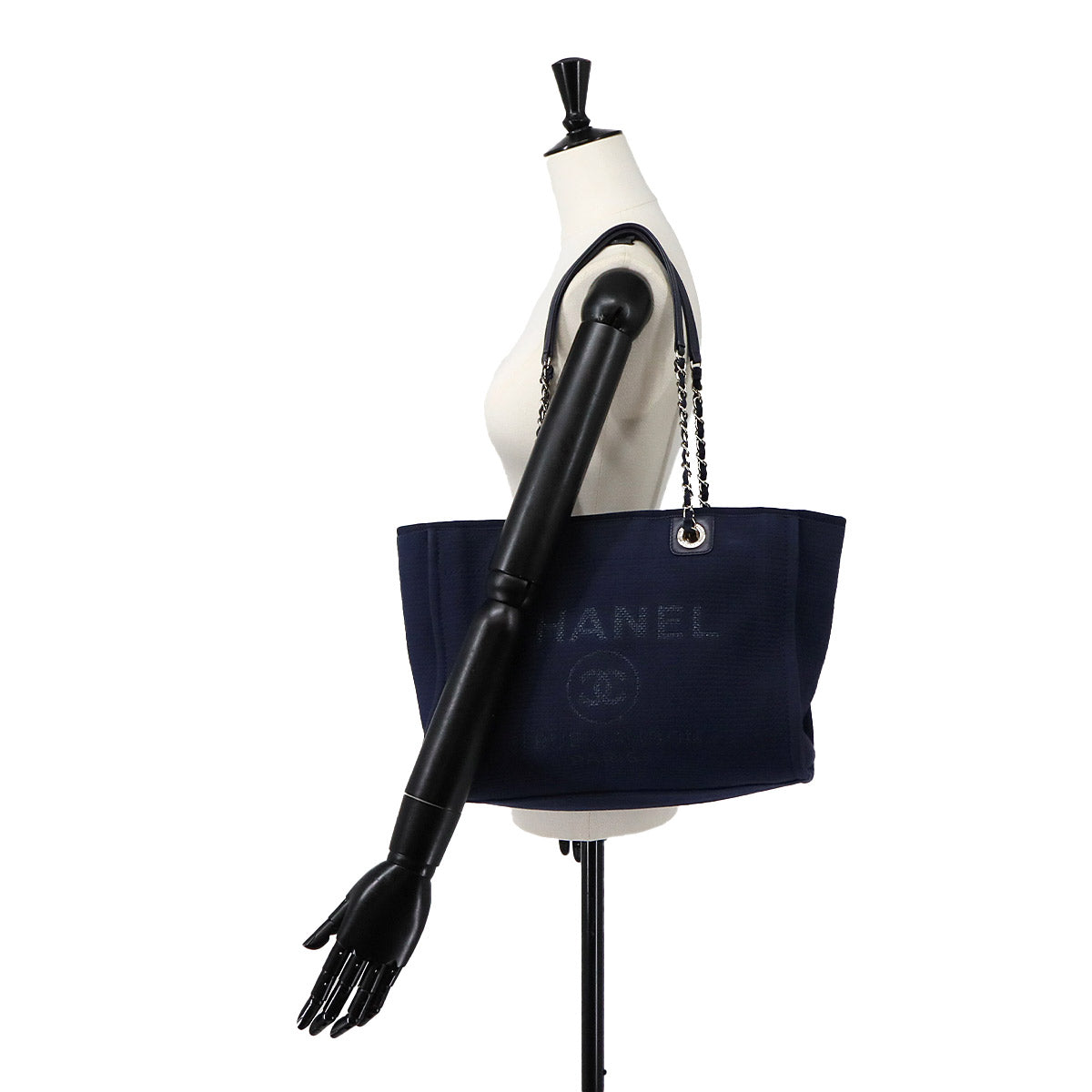 Deauville MM Chain Tote Bag Leather Navy A67001 Purse