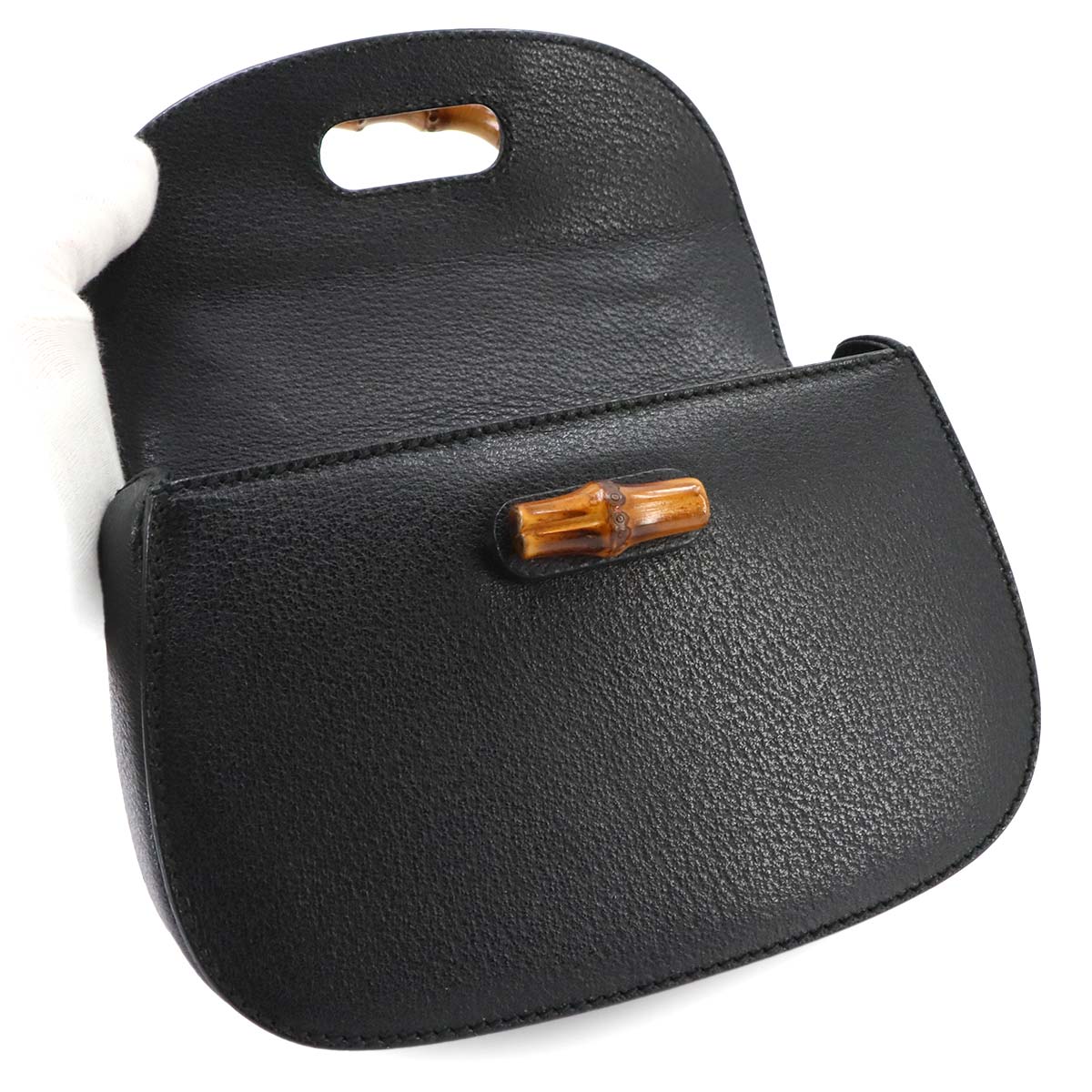 Bamboo 2way Hand Shoulder Bag Leather Black Purse