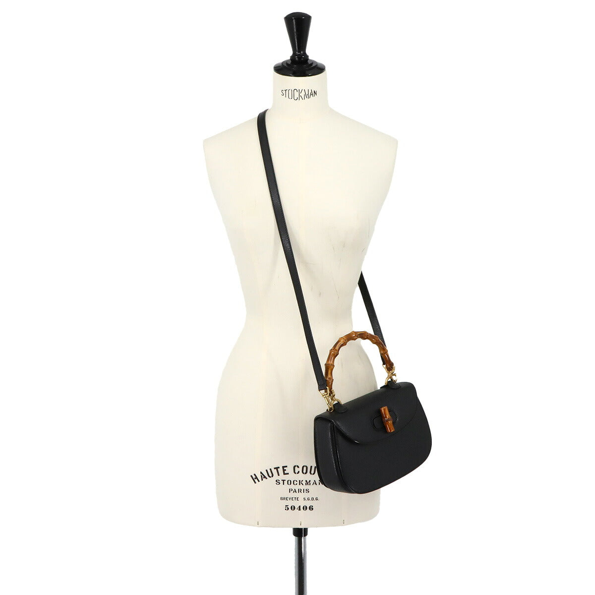 Bamboo 2way Hand Shoulder Bag Leather Black Purse