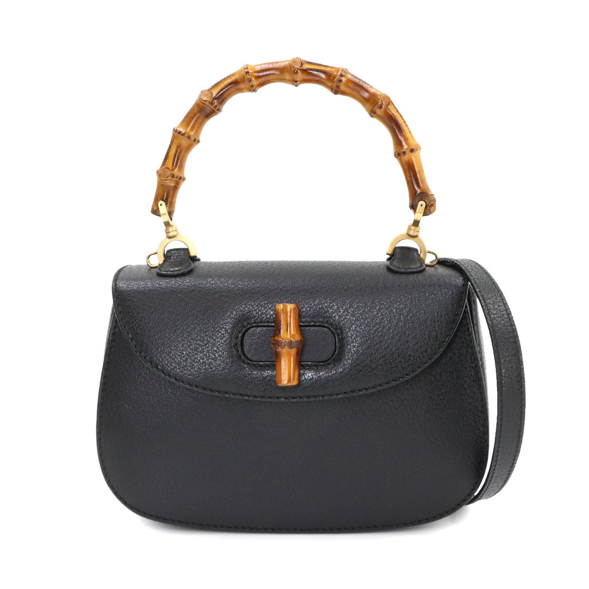Bamboo 2way Hand Shoulder Bag Leather Black Purse
