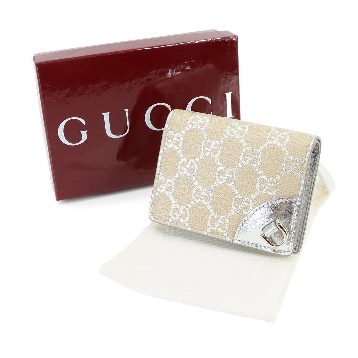 GG Emblem Wallet PVC Leather Beige Silver 820692