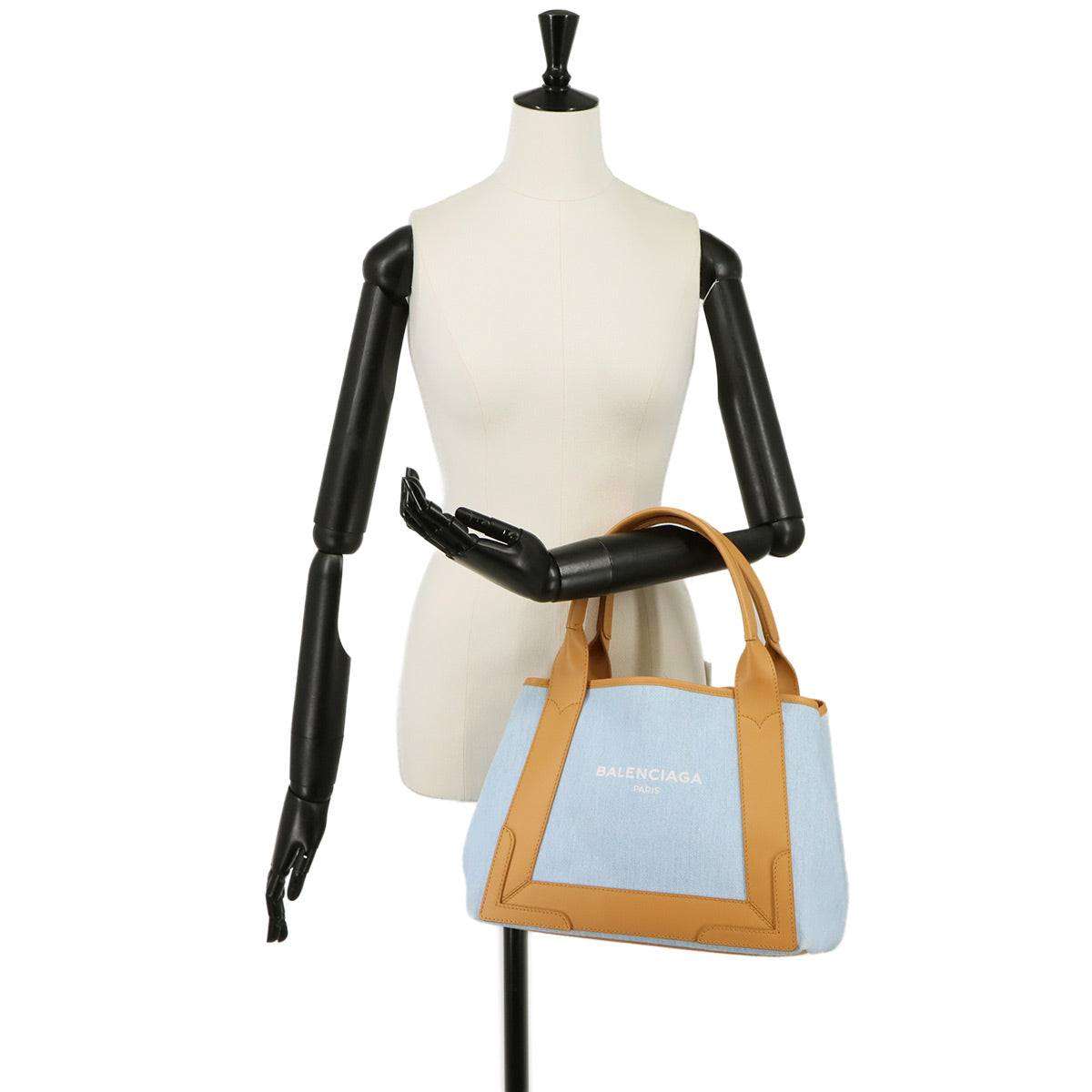 Navy Cabas Small Tote Bag Denim Leather Blue Brown 339933
