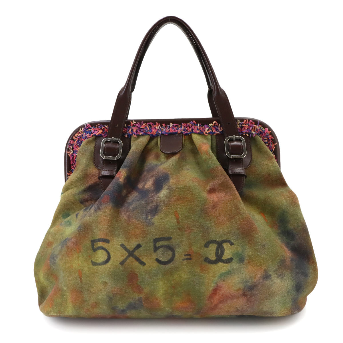Embroidery Graffiti Hand Bag Canvas Leather Khaki Brown A92791