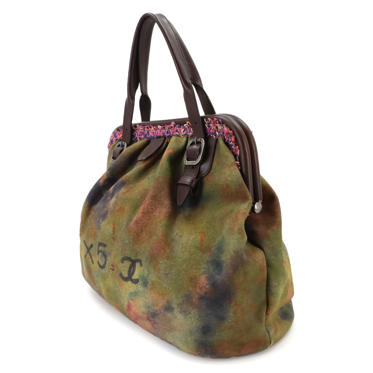Embroidery Graffiti Hand Bag Canvas Leather Khaki Brown A92791