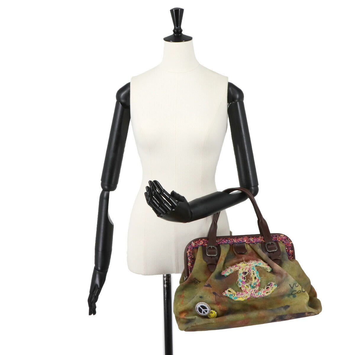 Embroidery Graffiti Hand Bag Canvas Leather Khaki Brown A92791