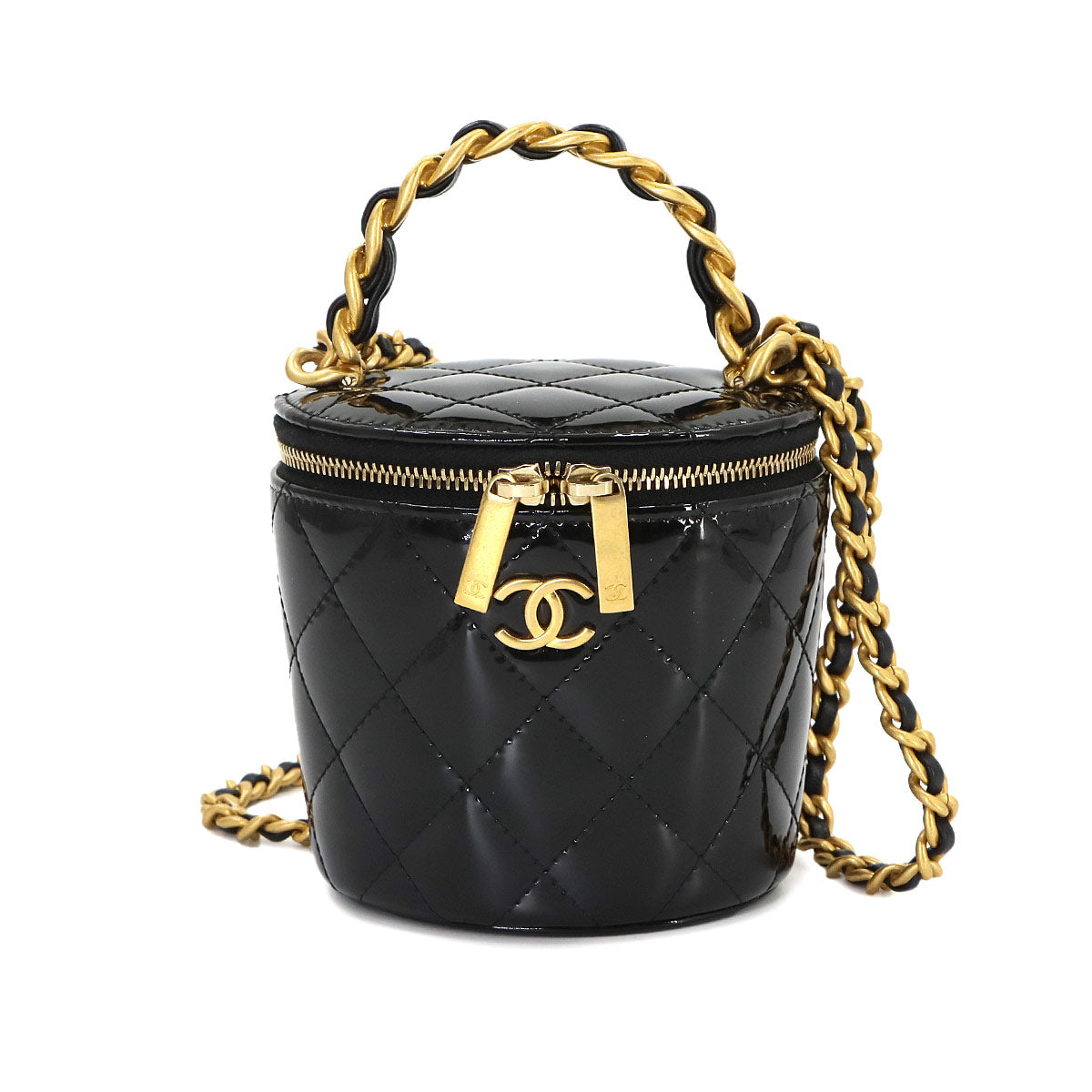 Matelasse Mini Vanity Hand Shoulder Bag Patent Leather Black