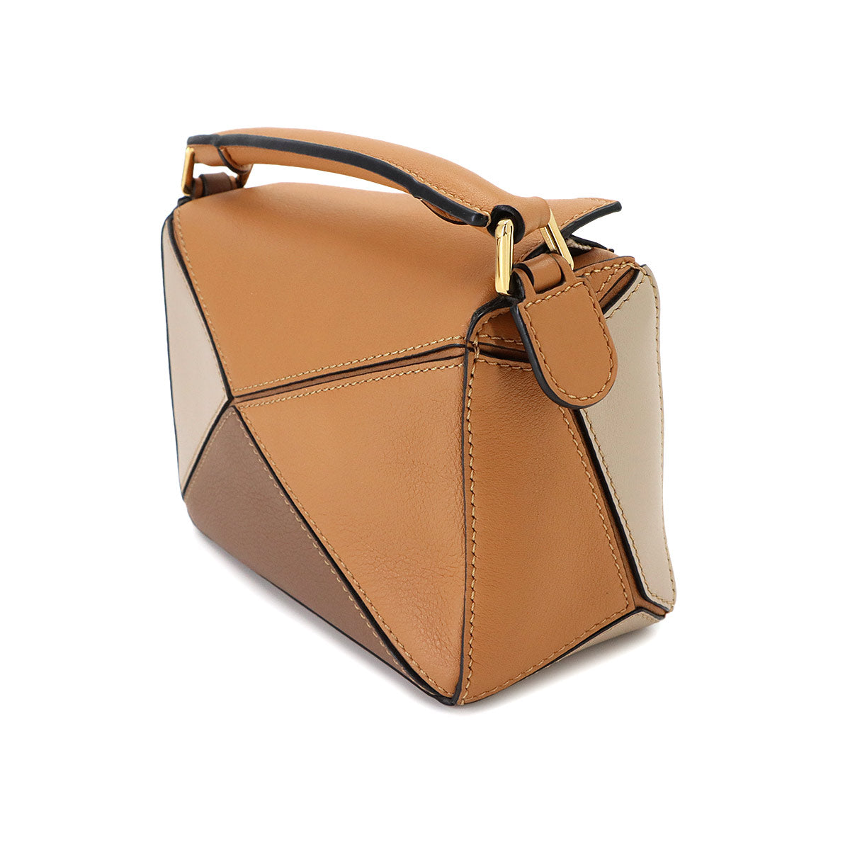 Puzzle Bag Mini 2way Hand Shoulder Bag Leather Brown Beige
