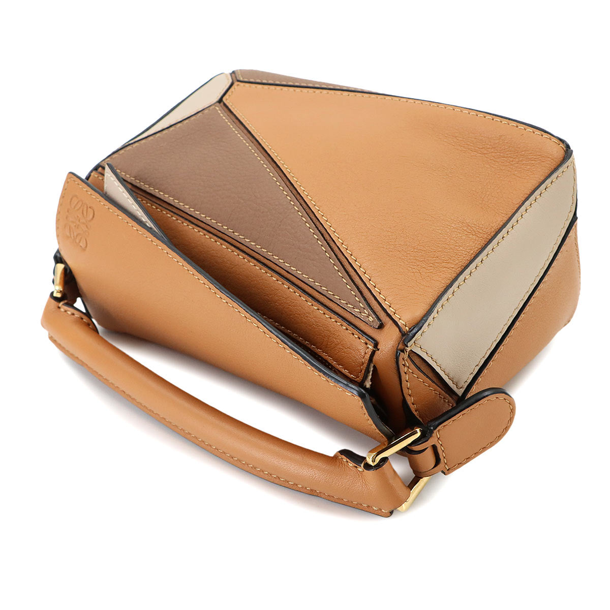 Puzzle Bag Mini 2way Hand Shoulder Bag Leather Brown Beige