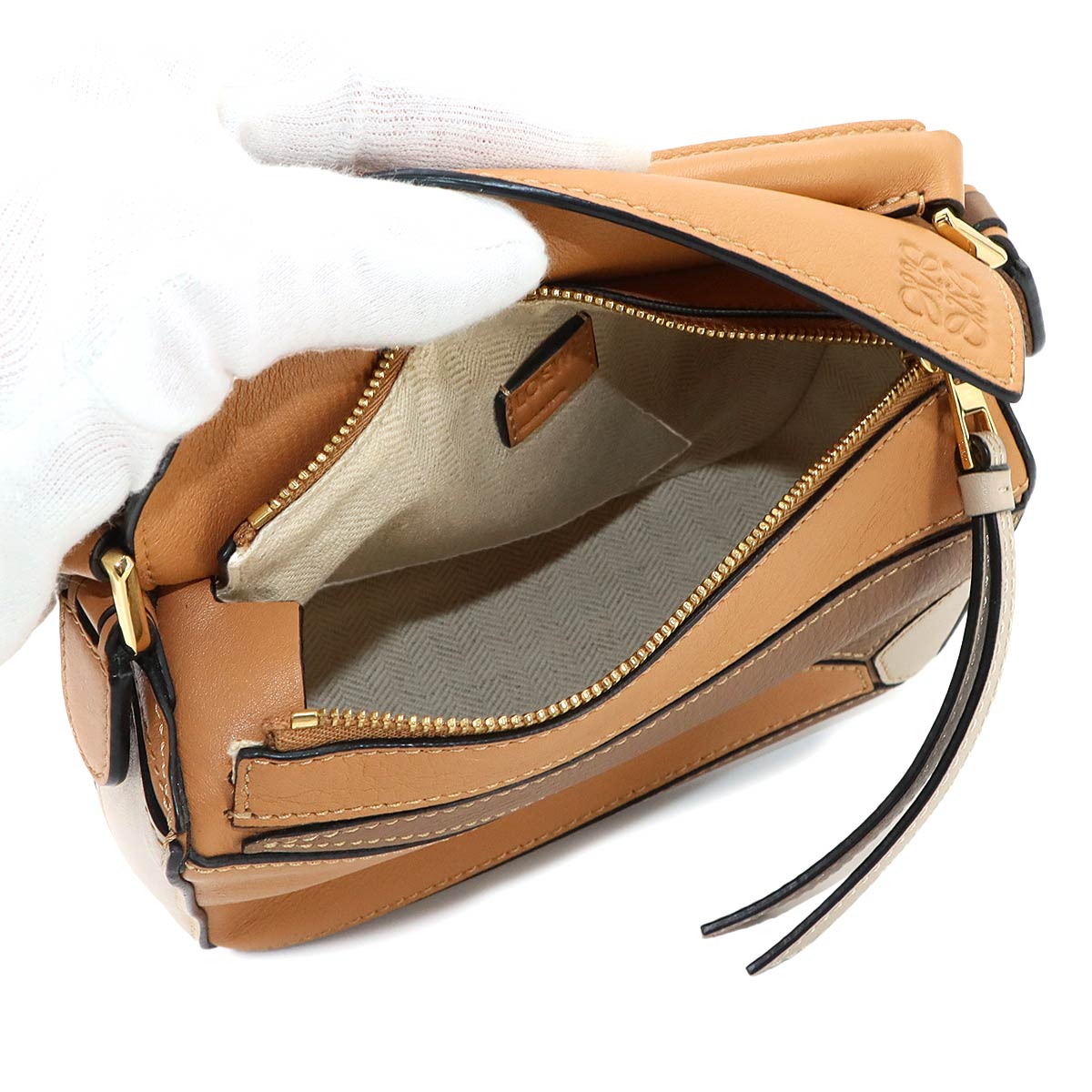 Puzzle Bag Mini 2way Hand Shoulder Bag Leather Brown Beige