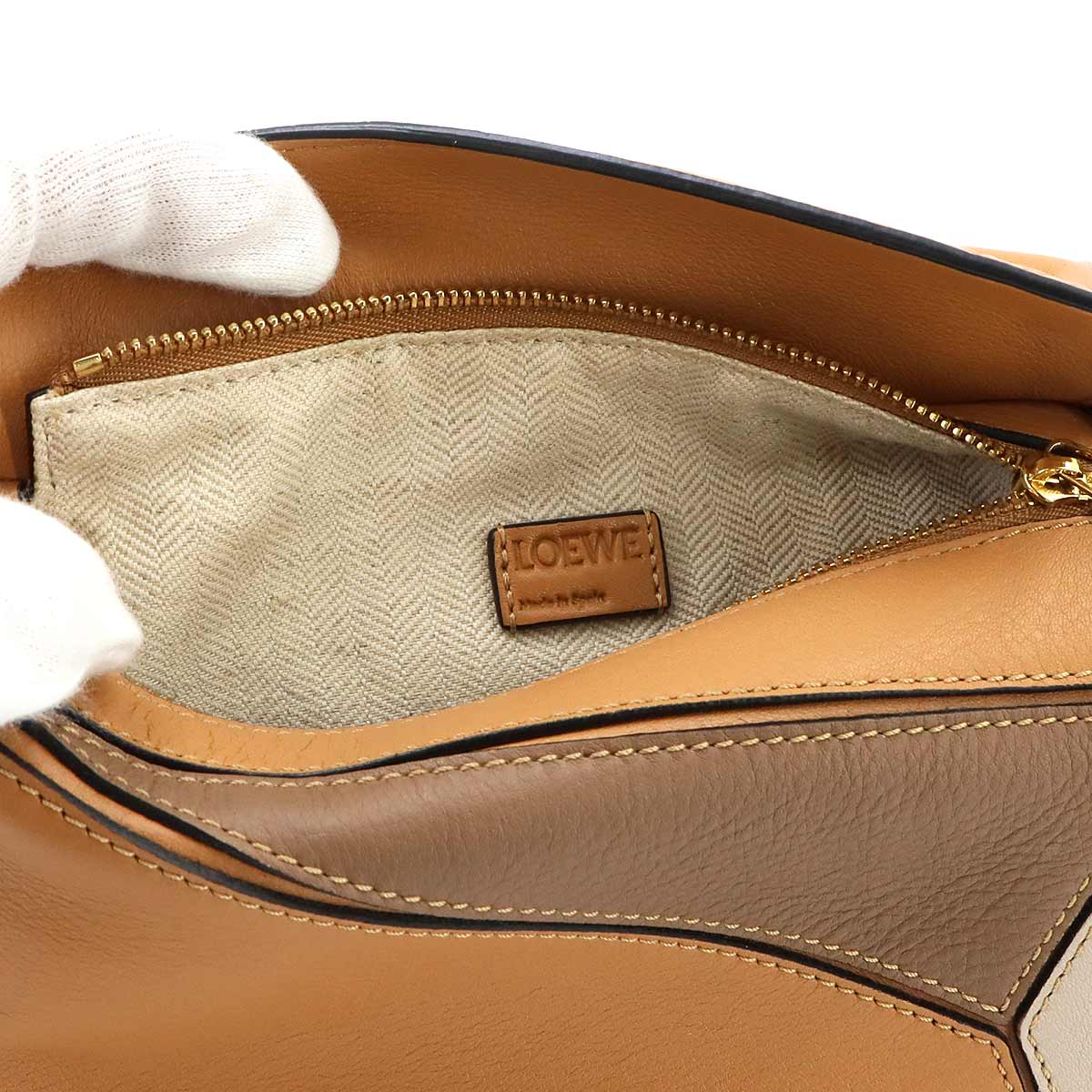 Puzzle Bag Mini 2way Hand Shoulder Bag Leather Brown Beige