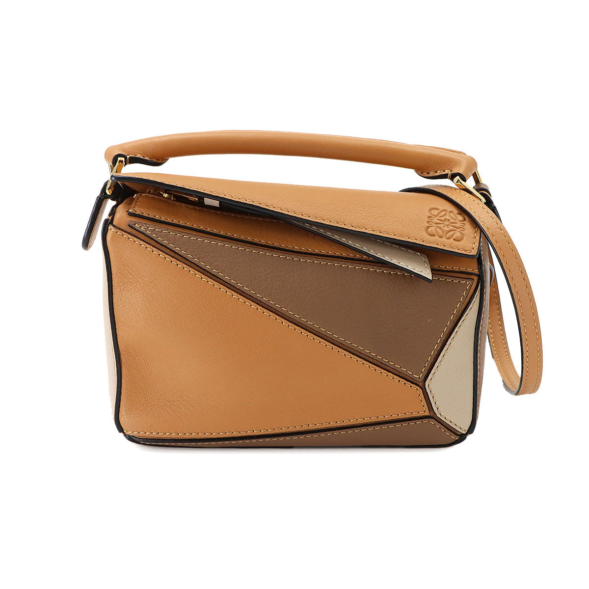Puzzle Bag Mini 2way Hand Shoulder Bag Leather Brown Beige