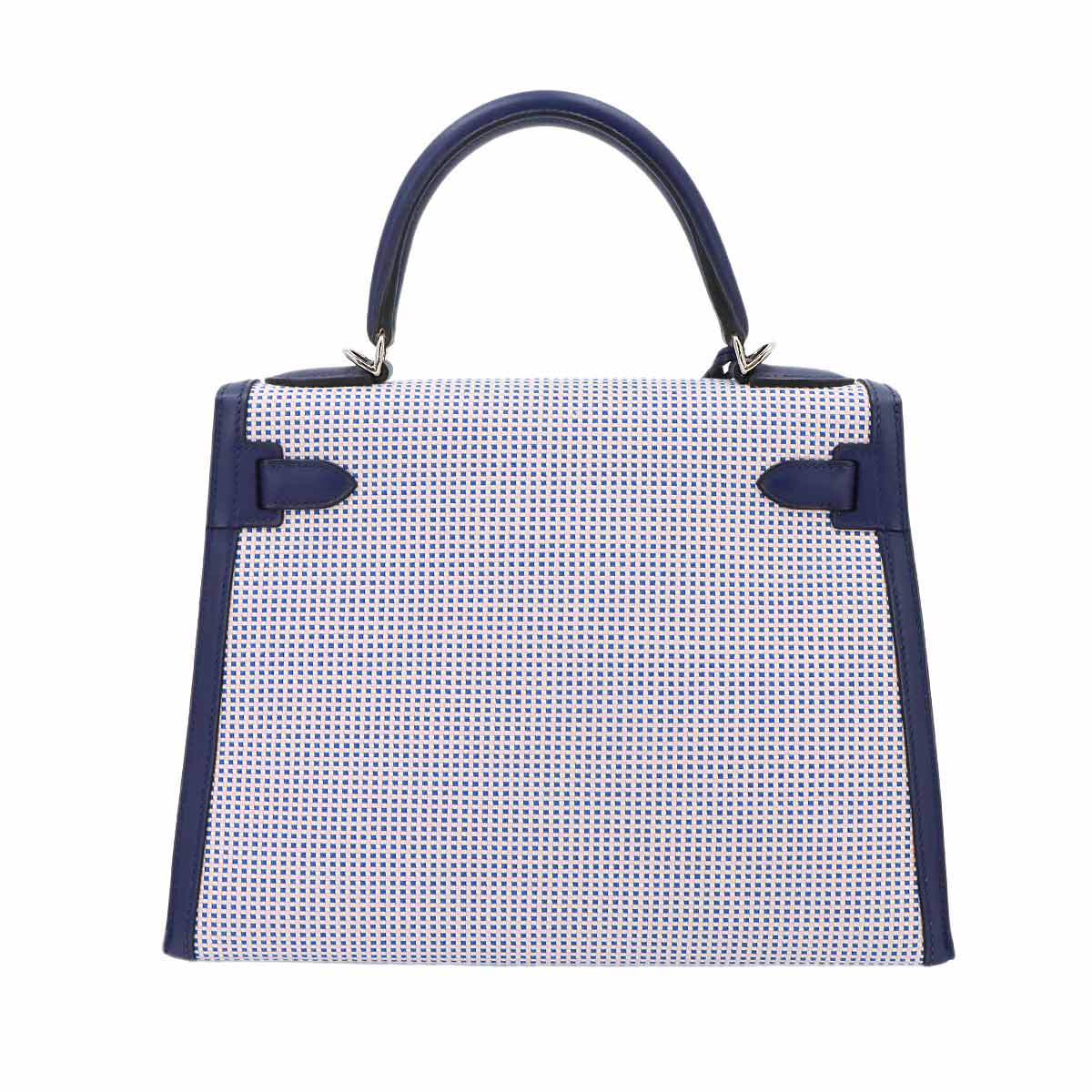 Kelly 28 Hand Bag Toile Quadrille Swift Bleu Saphir Ecru Mauve