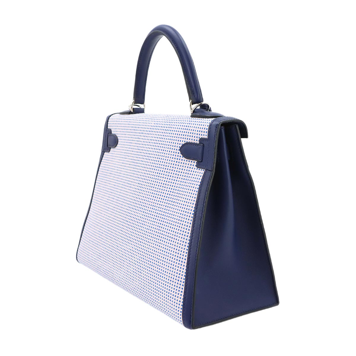 Kelly 28 Hand Bag Toile Quadrille Swift Bleu Saphir Ecru Mauve