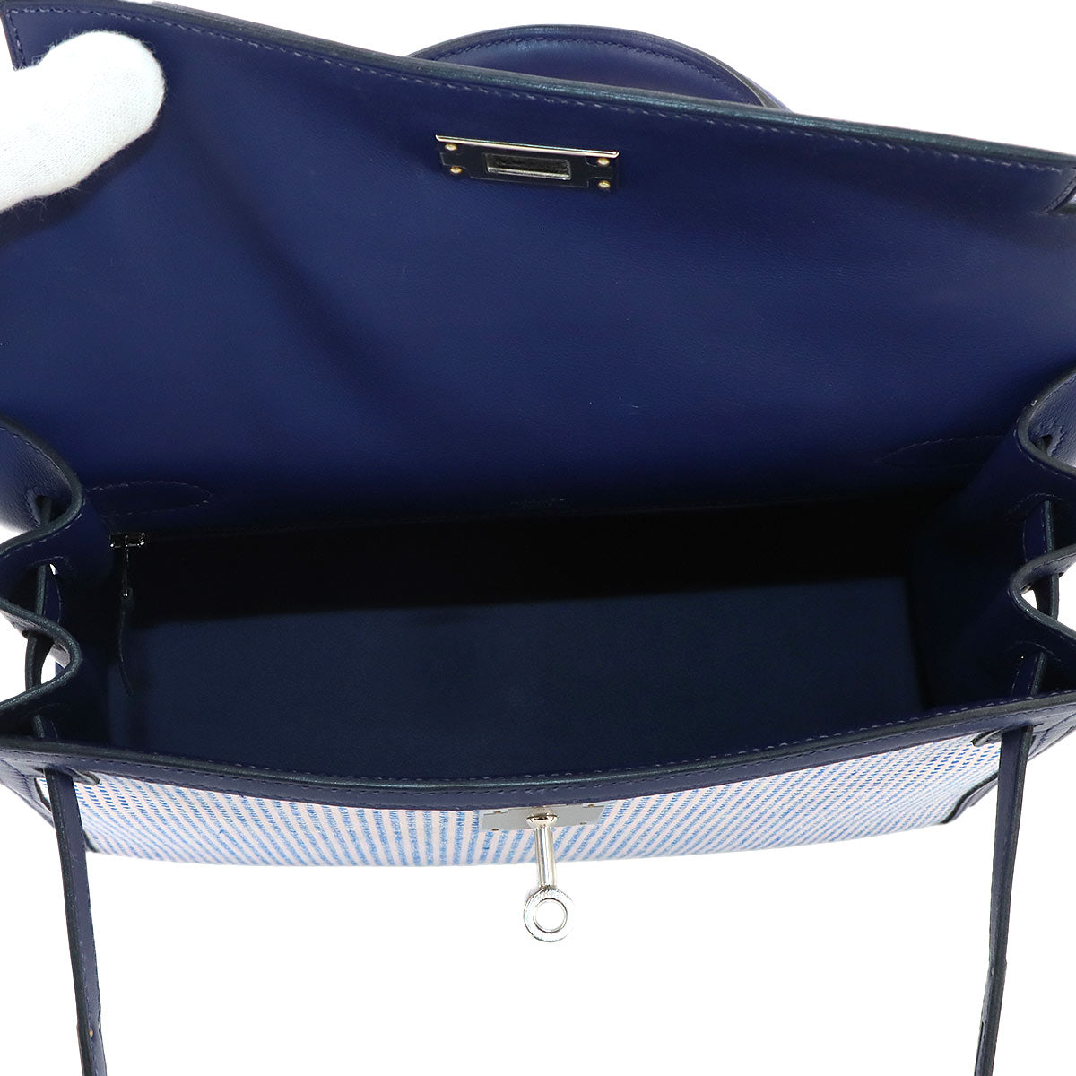 Kelly 28 Hand Bag Toile Quadrille Swift Bleu Saphir Ecru Mauve