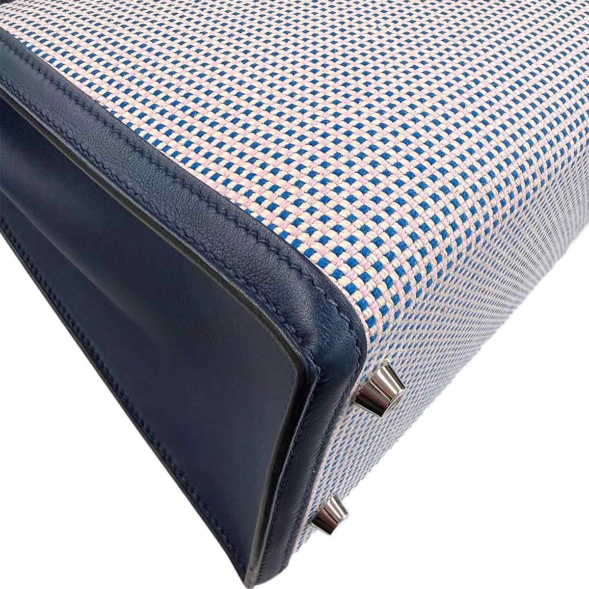Kelly 28 Hand Bag Toile Quadrille Swift Bleu Saphir Ecru Mauve