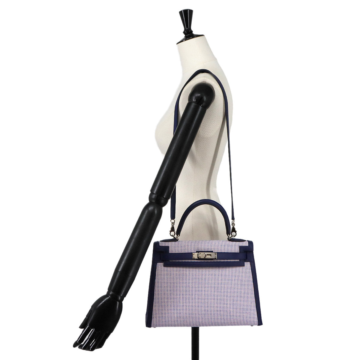 Kelly 28 Hand Bag Toile Quadrille Swift Bleu Saphir Ecru Mauve