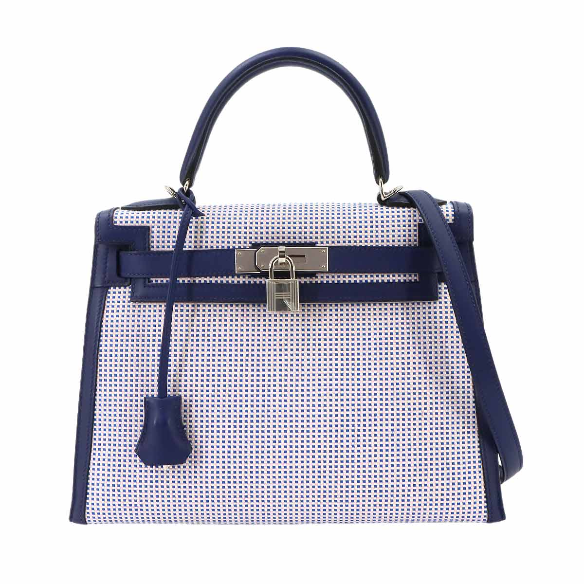 Kelly 28 Hand Bag Toile Quadrille Swift Bleu Saphir Ecru Mauve