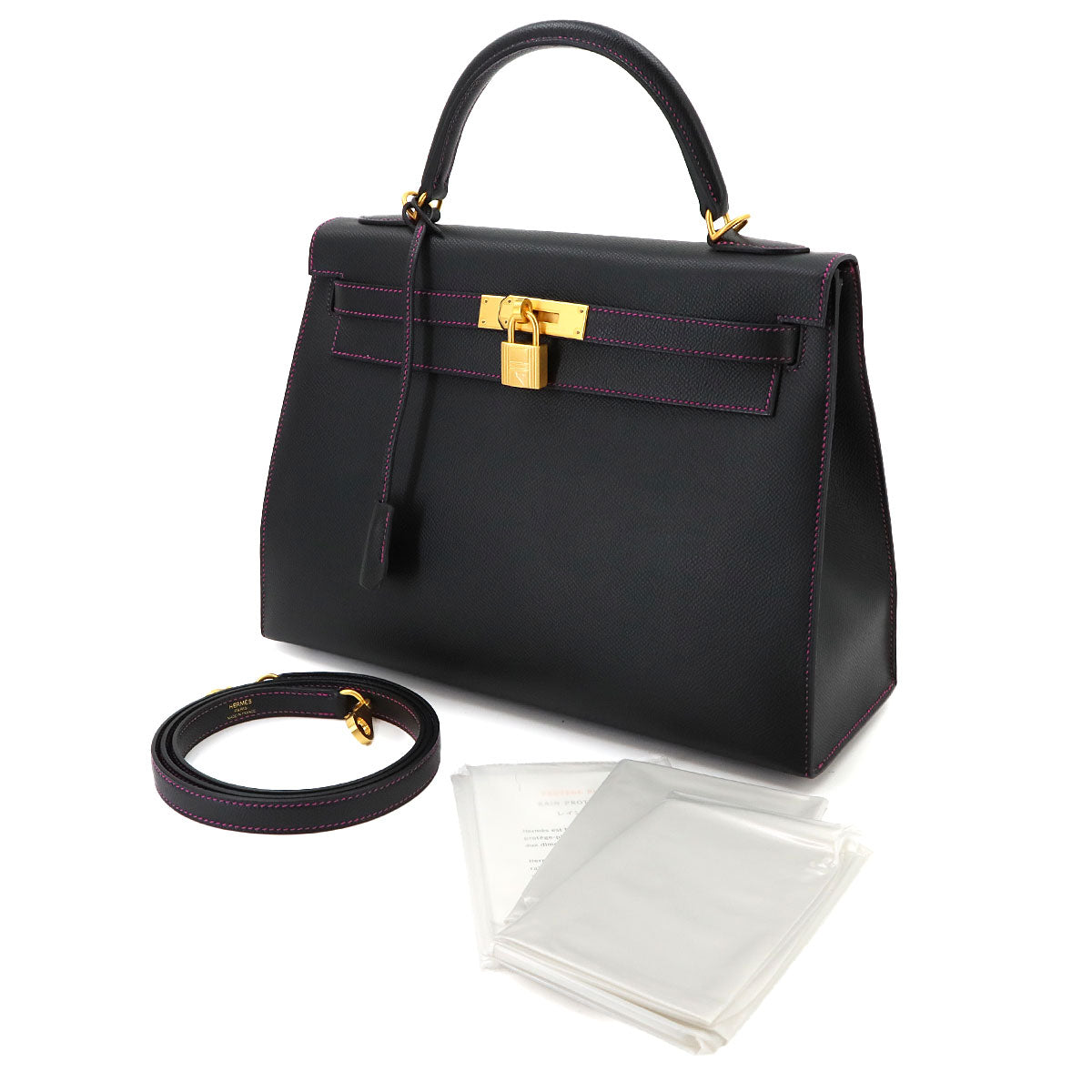 Kelly 32 Hand Shoulder Bag Veau Epsom Black Rose Mexico