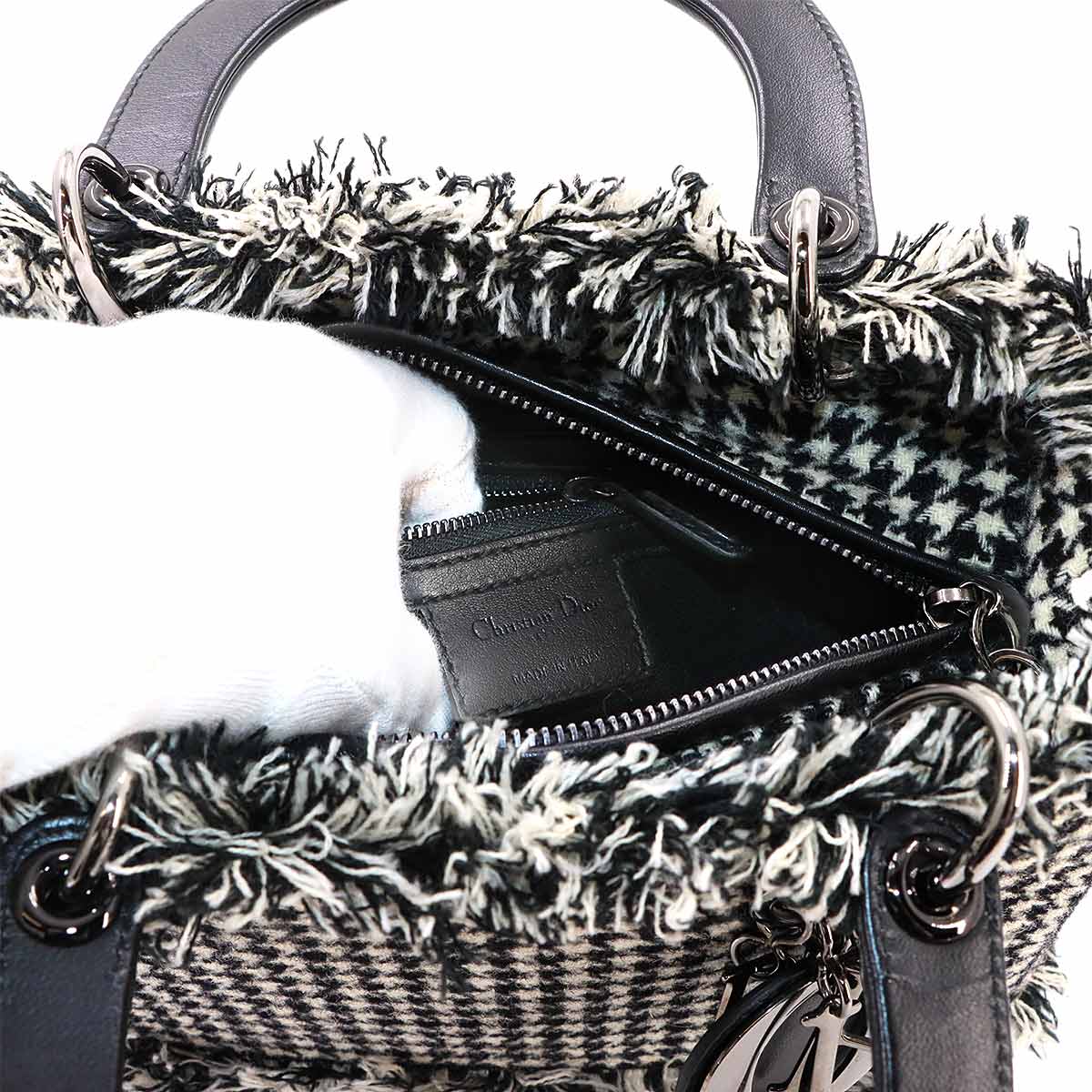 Lady Dior Medium Hand Shoulder Bag Tweed Leather Black