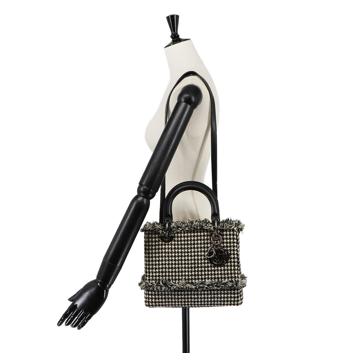 Lady Dior Medium Hand Shoulder Bag Tweed Leather Black