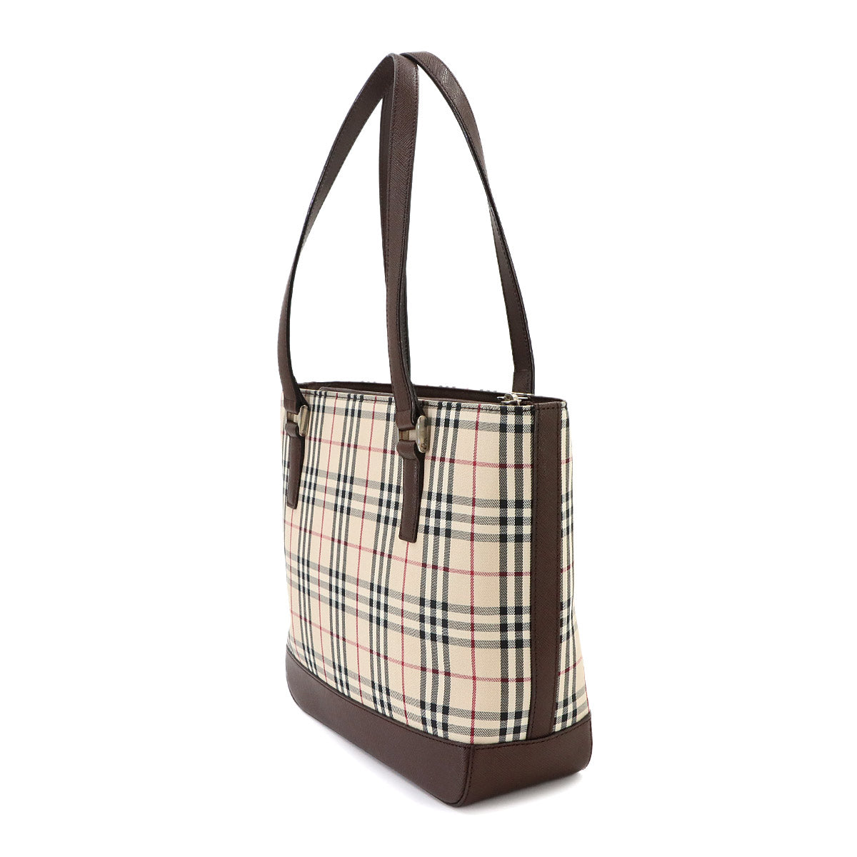 Plaid Tote Bag Canvas Leather Beige Brown
