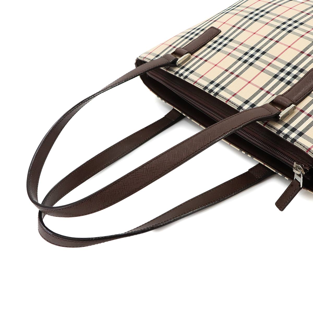 Plaid Tote Bag Canvas Leather Beige Brown