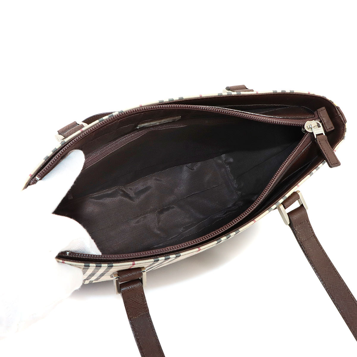 Plaid Tote Bag Canvas Leather Beige Brown