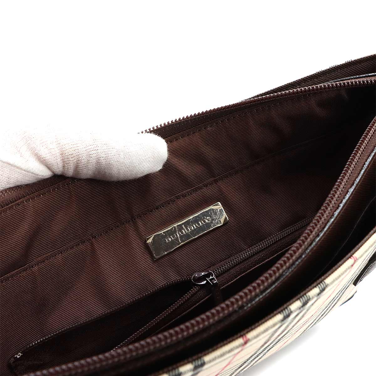 Plaid Tote Bag Canvas Leather Beige Brown