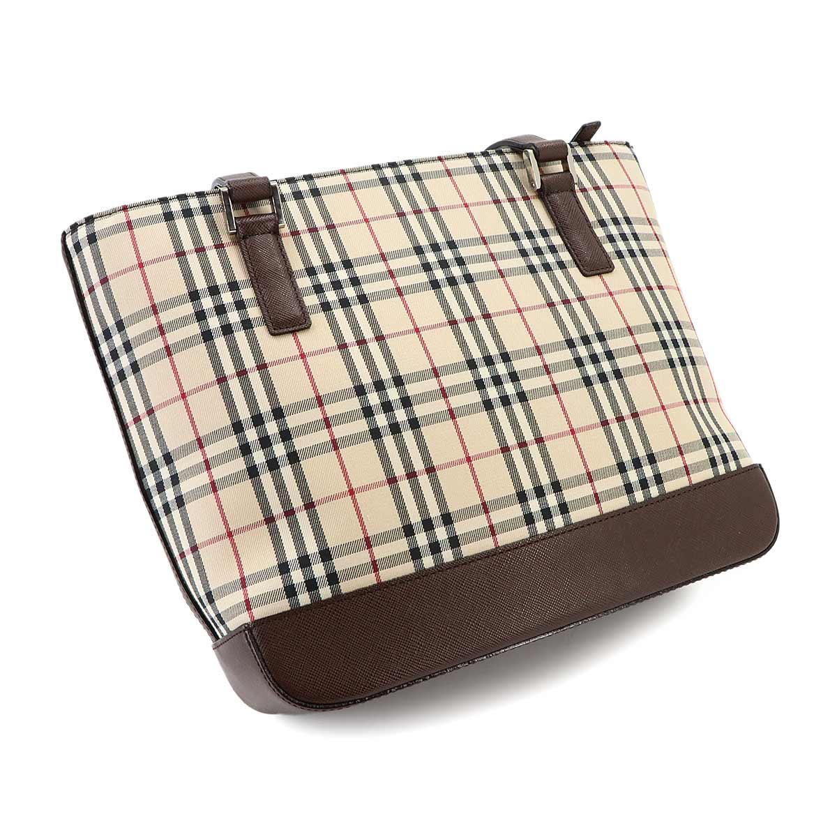 Plaid Tote Bag Canvas Leather Beige Brown