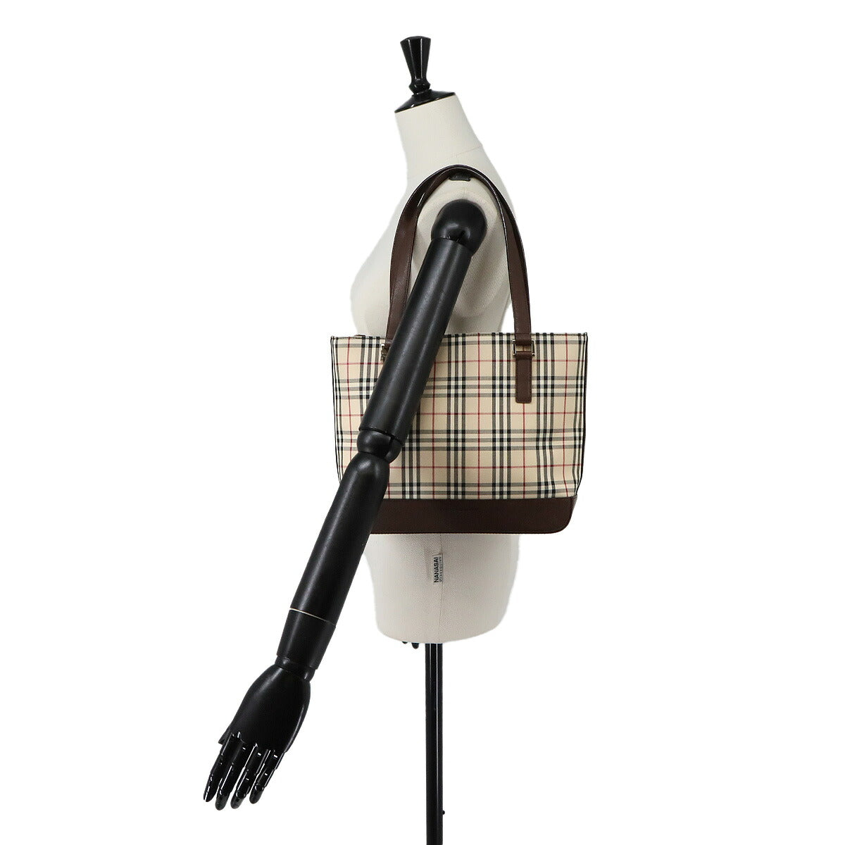 Plaid Tote Bag Canvas Leather Beige Brown