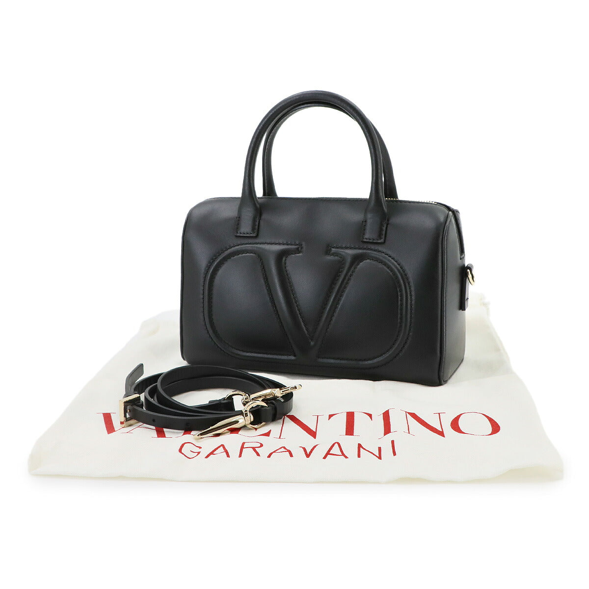 V Logos Walk Hand Shoulder Bag Leather Black