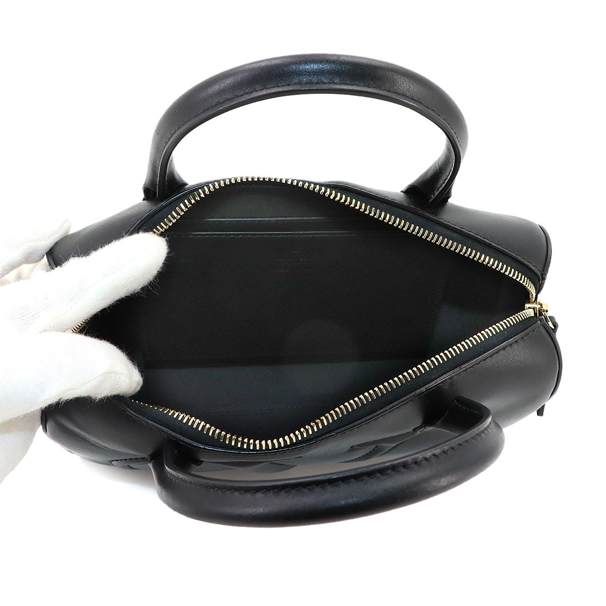 V Logos Walk Hand Shoulder Bag Leather Black