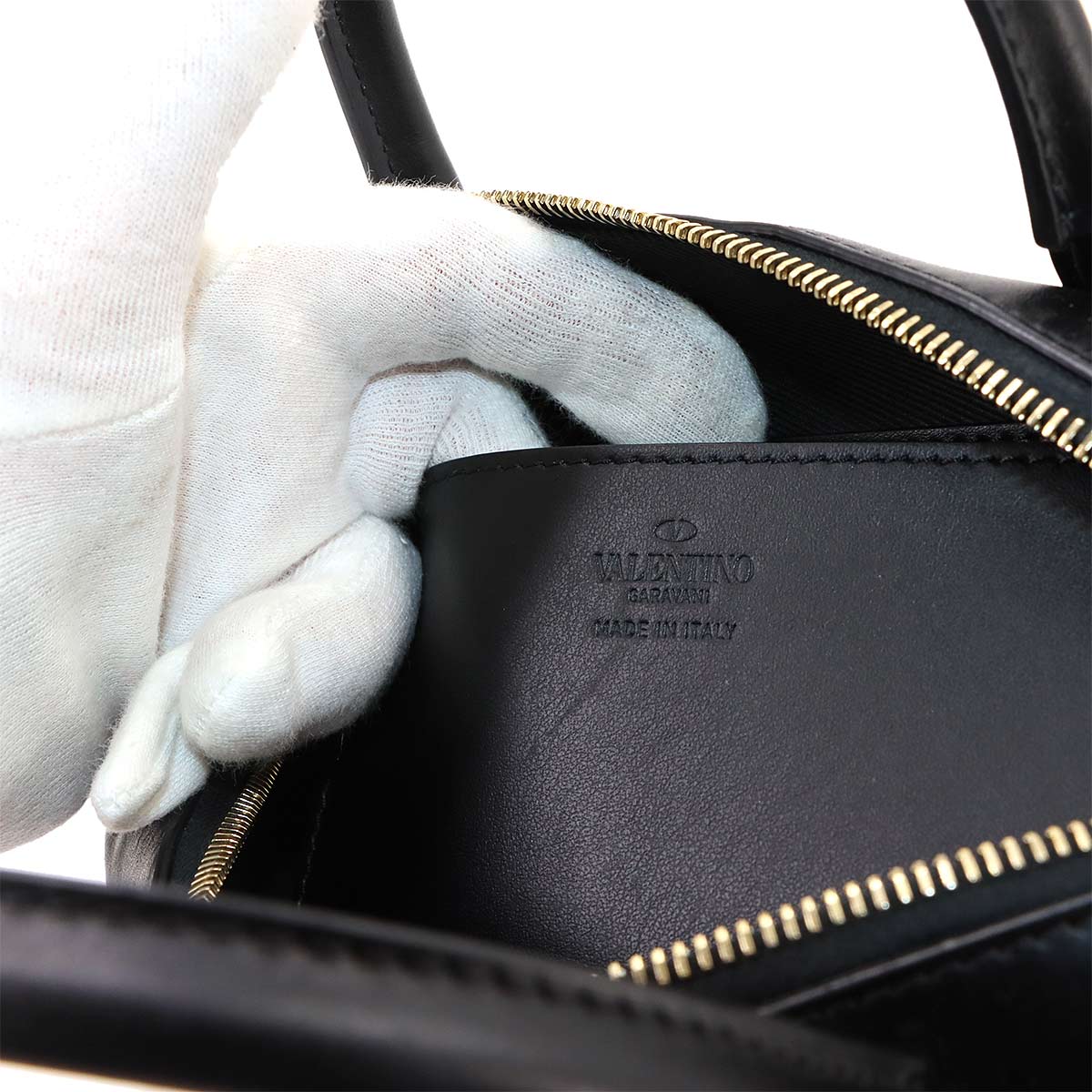 V Logos Walk Hand Shoulder Bag Leather Black