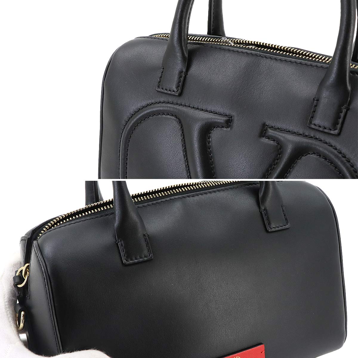 V Logos Walk Hand Shoulder Bag Leather Black