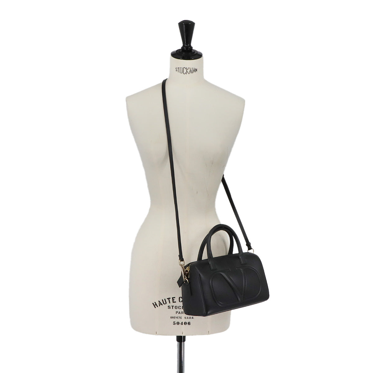 V Logos Walk Hand Shoulder Bag Leather Black