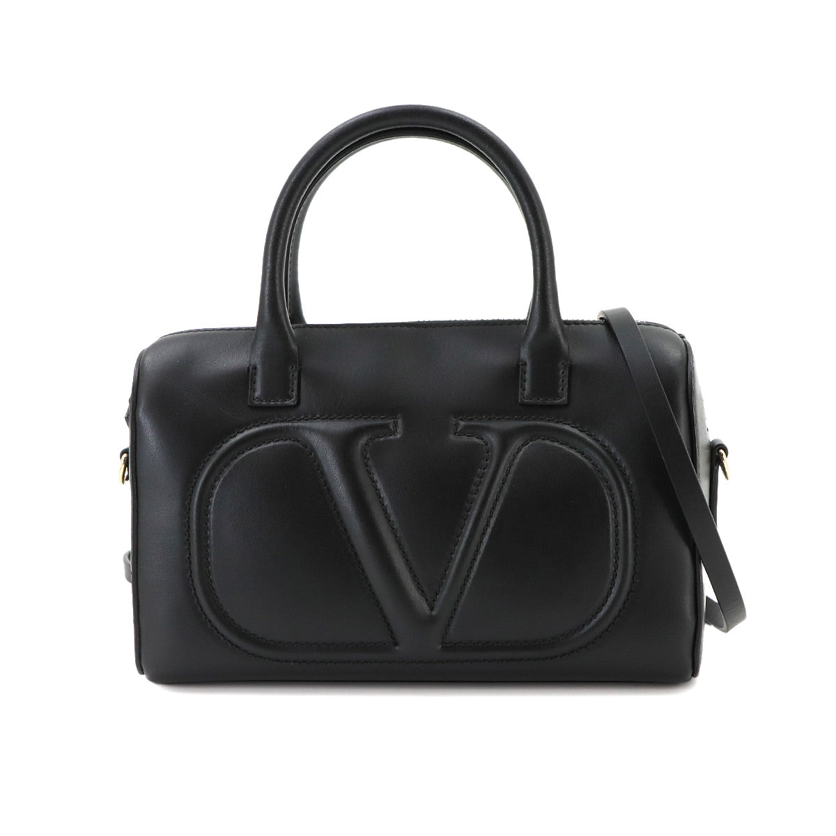 V Logos Walk Hand Shoulder Bag Leather Black