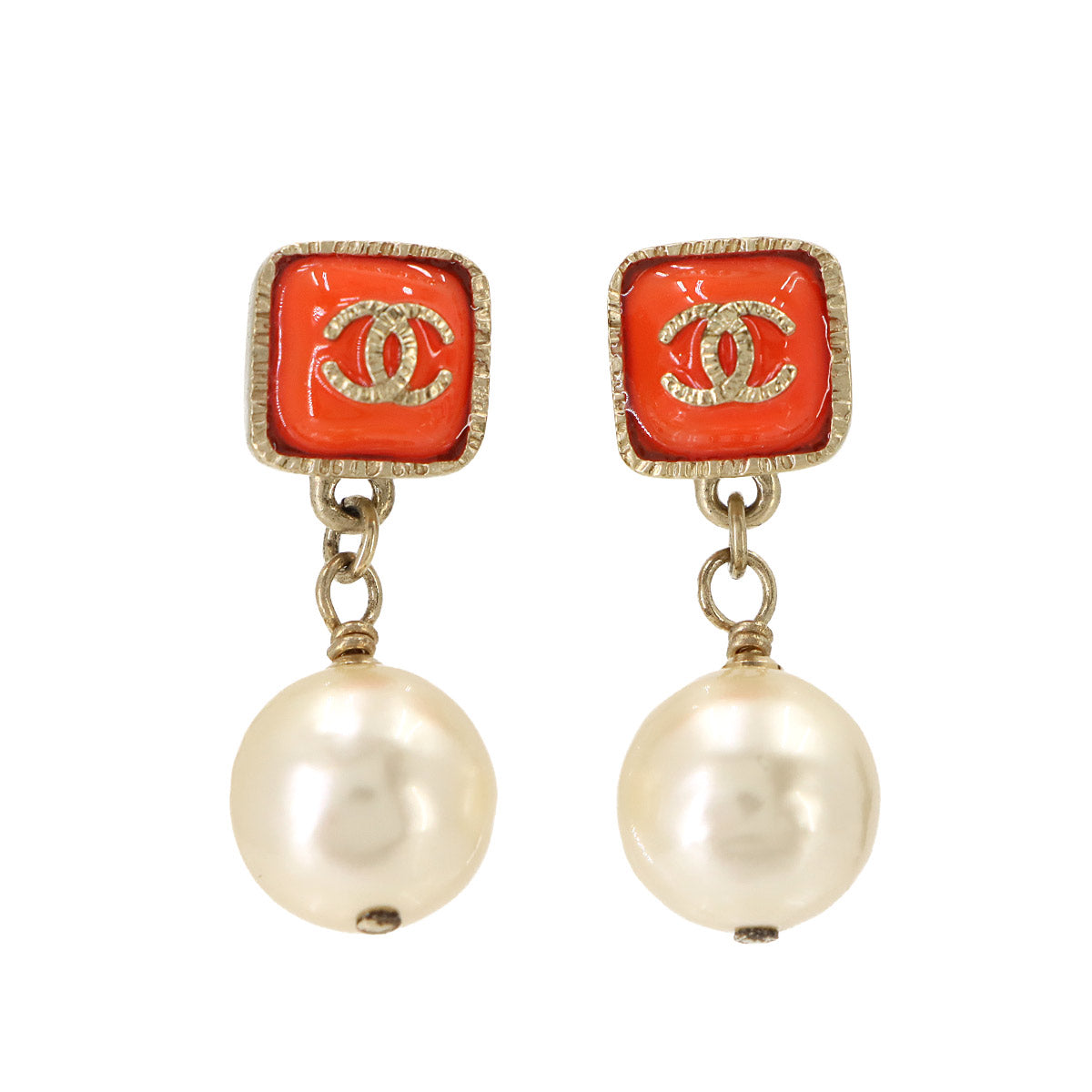CC Logos Swing Pierced Earrings Faux Pearl Red Gold White A14K