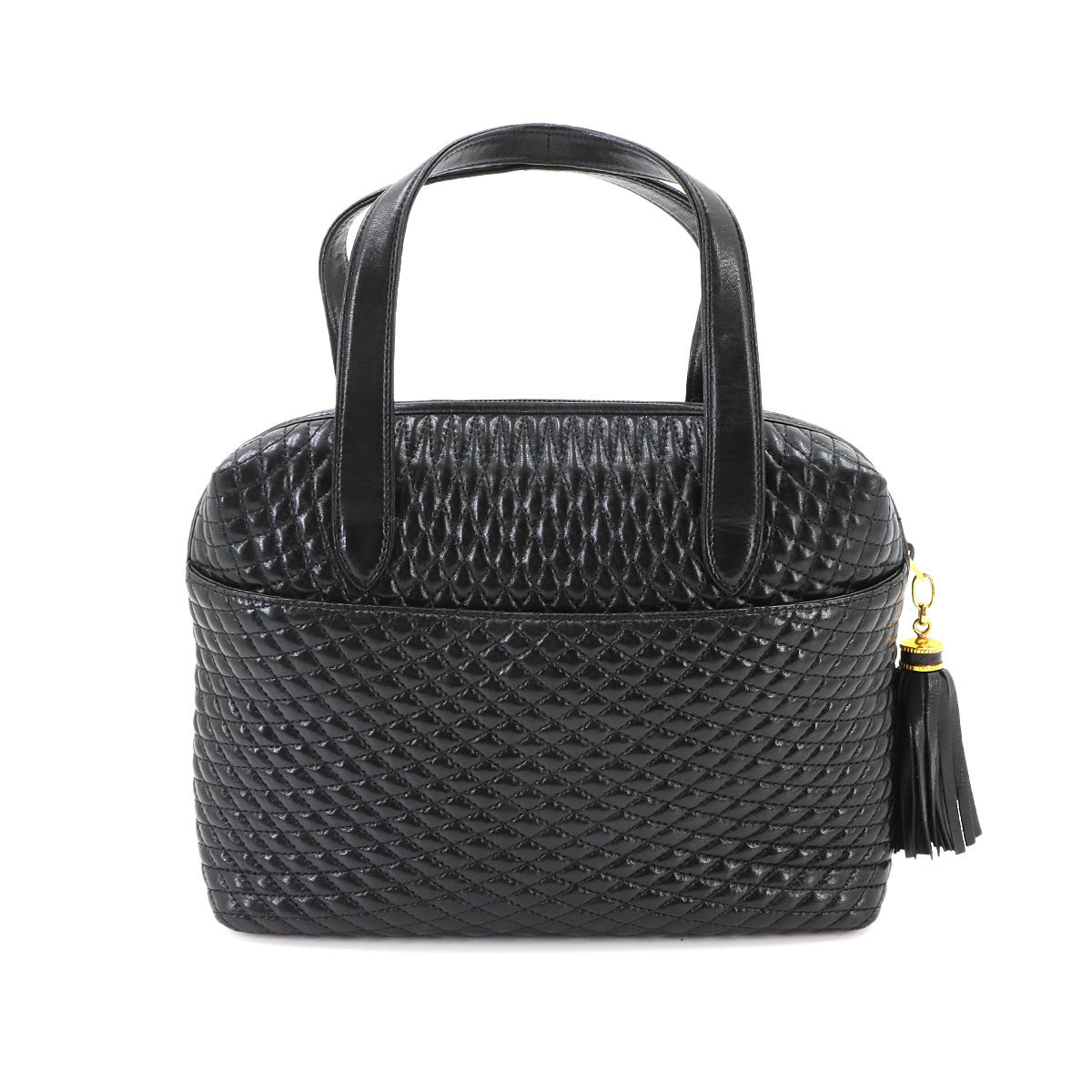 Quilting Hand Bag Leather Black Fringe Purse