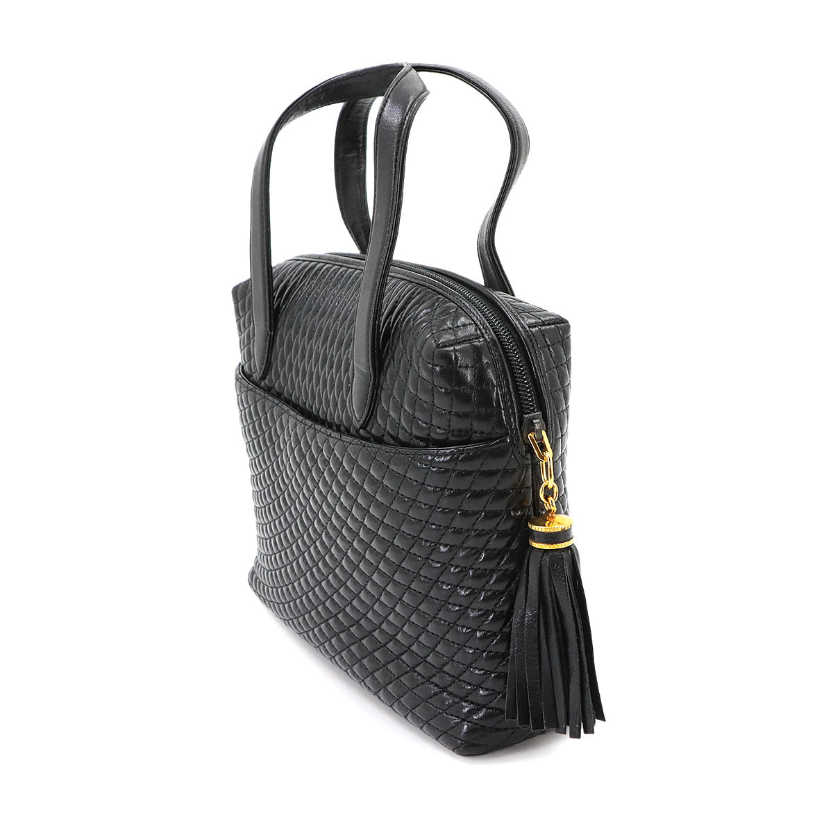 Quilting Hand Bag Leather Black Fringe Purse